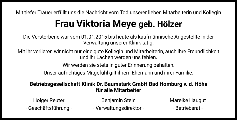  Traueranzeige für Viktoria Meye vom 23.07.2022 aus FNP