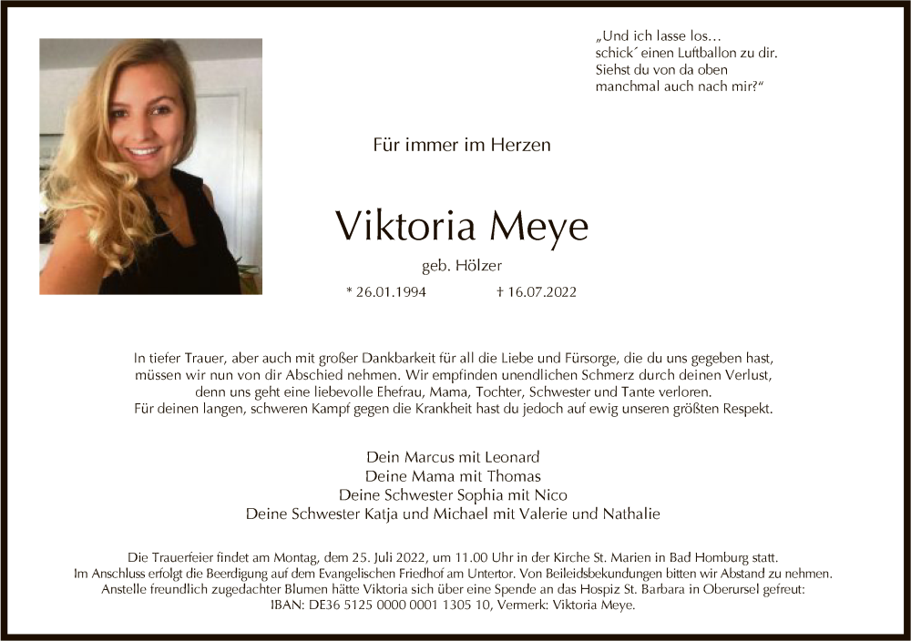  Traueranzeige für Viktoria Meye vom 23.07.2022 aus FNP