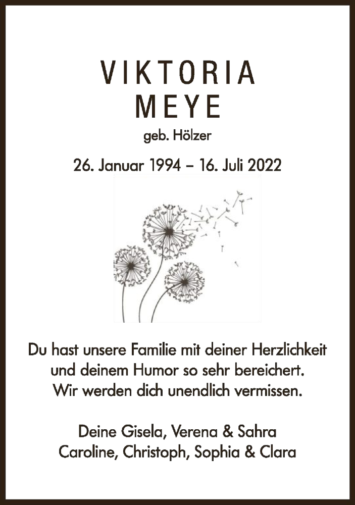  Traueranzeige für Viktoria Meye vom 23.07.2022 aus FNP