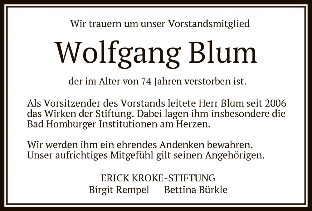  Traueranzeige für Wolfgang Blum vom 30.07.2022 aus FNP