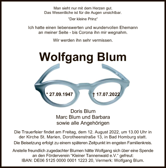 Traueranzeige von Wolfgang Blum von FNP