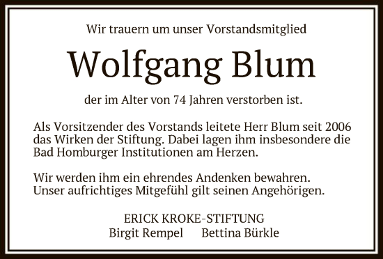 Traueranzeige von Wolfgang Blum von FNP