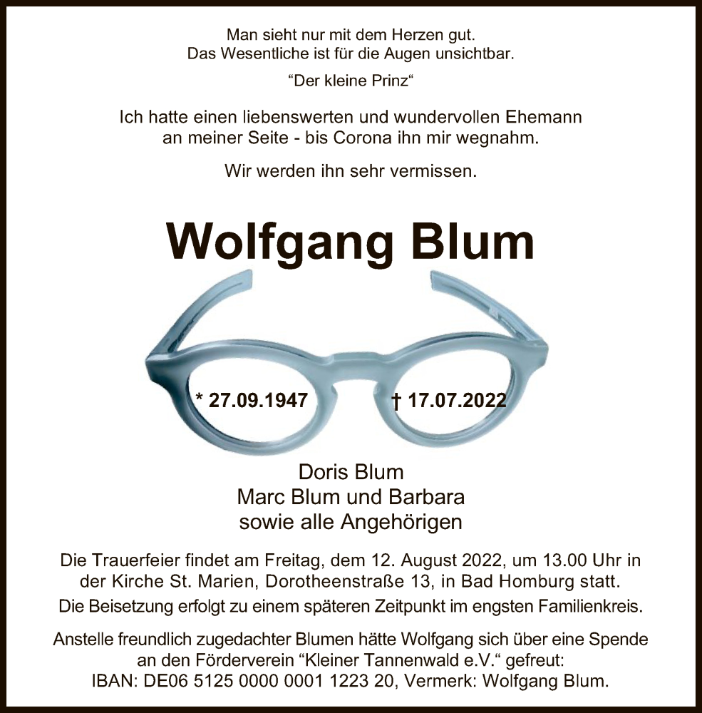  Traueranzeige für Wolfgang Blum vom 30.07.2022 aus FNP