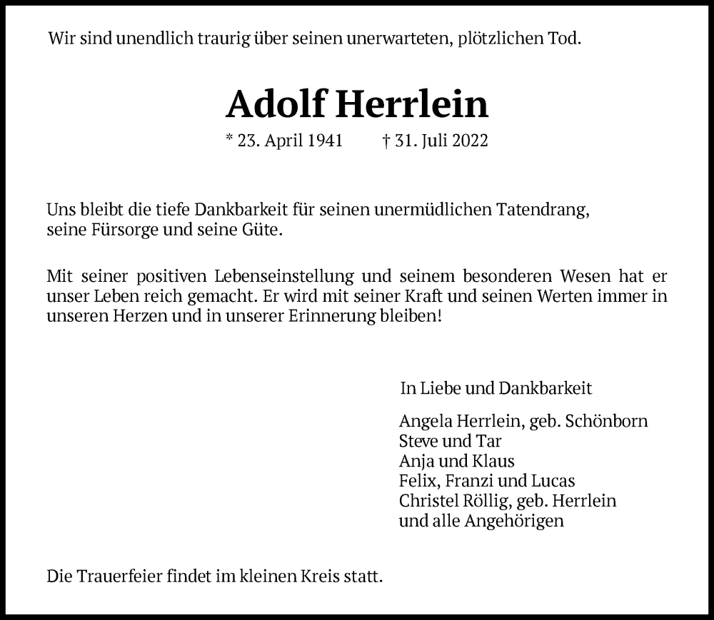  Traueranzeige für Adolf Herrlein vom 06.08.2022 aus FNP