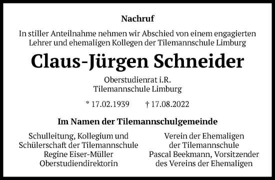 Traueranzeige von Claus-Jürgen Schneider von FNP