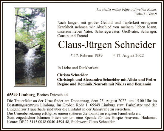 Traueranzeige von Claus-Jürgen Schneider von FNP