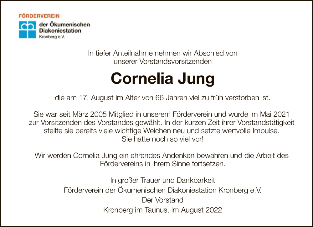  Traueranzeige für Cornelia Jung vom 25.08.2022 aus FNP