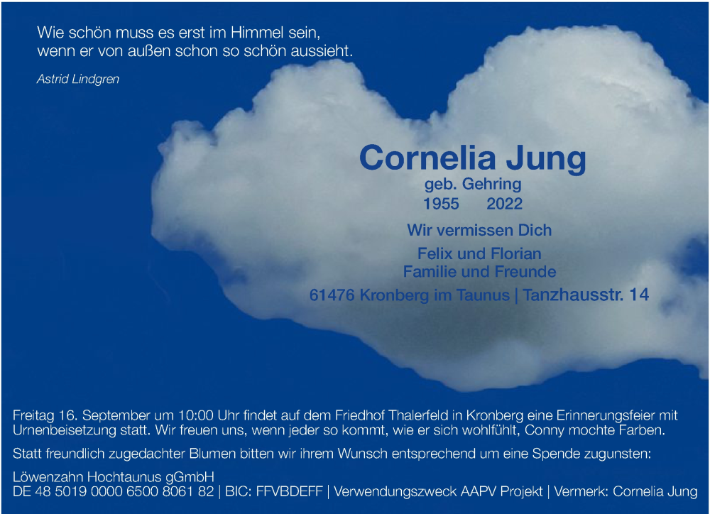  Traueranzeige für Cornelia Jung vom 25.08.2022 aus FNP