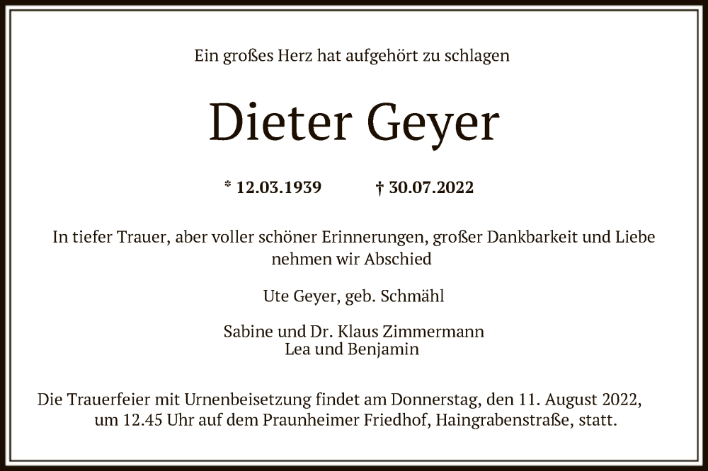  Traueranzeige für Dieter Geyer vom 05.08.2022 aus FNP