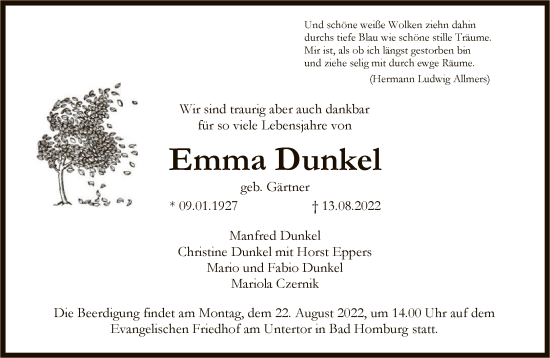 Traueranzeige von Emma Dunkel von FNP