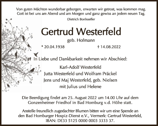 Traueranzeige von Gertrud Westerfeld von FNP