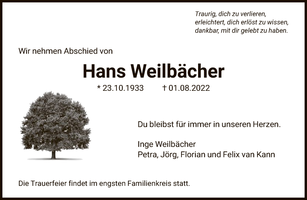  Traueranzeige für Hans Weilbächer vom 06.08.2022 aus FNP