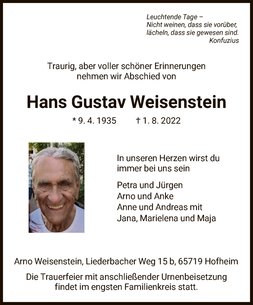  Traueranzeige für Hans Gustav Weisenstein vom 05.08.2022 aus FNP