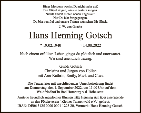 Traueranzeige von Hans Henning Gotsch von FNP