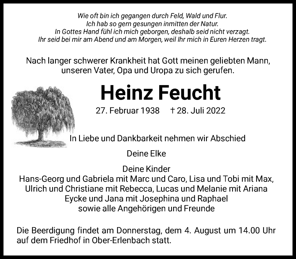  Traueranzeige für Heinz Feucht vom 02.08.2022 aus FNP
