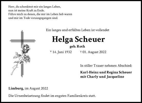 Traueranzeige von Helga Scheuer von FNP