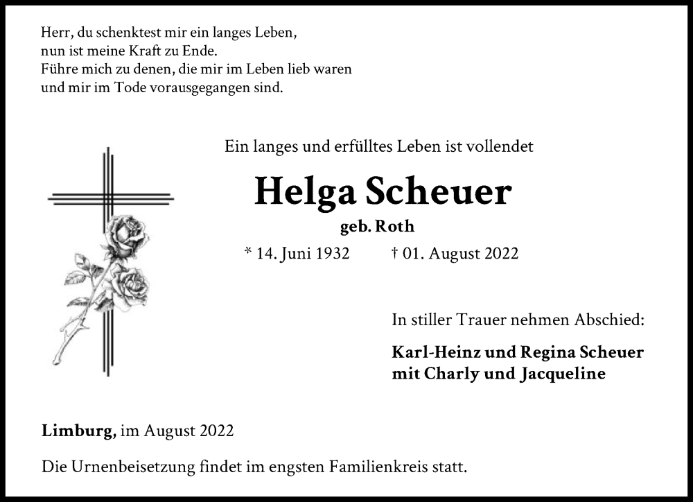  Traueranzeige für Helga Scheuer vom 06.08.2022 aus FNP