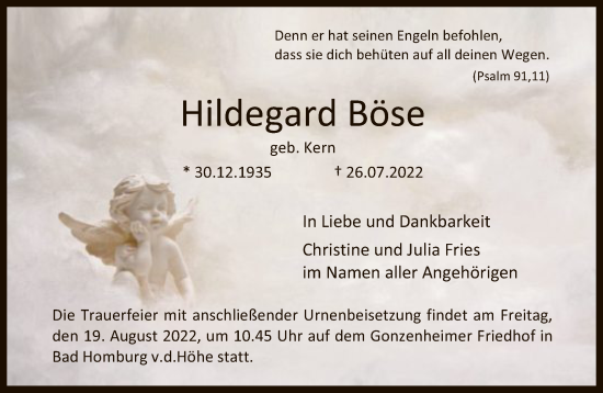 Traueranzeige von Hildegard Böse von FNP