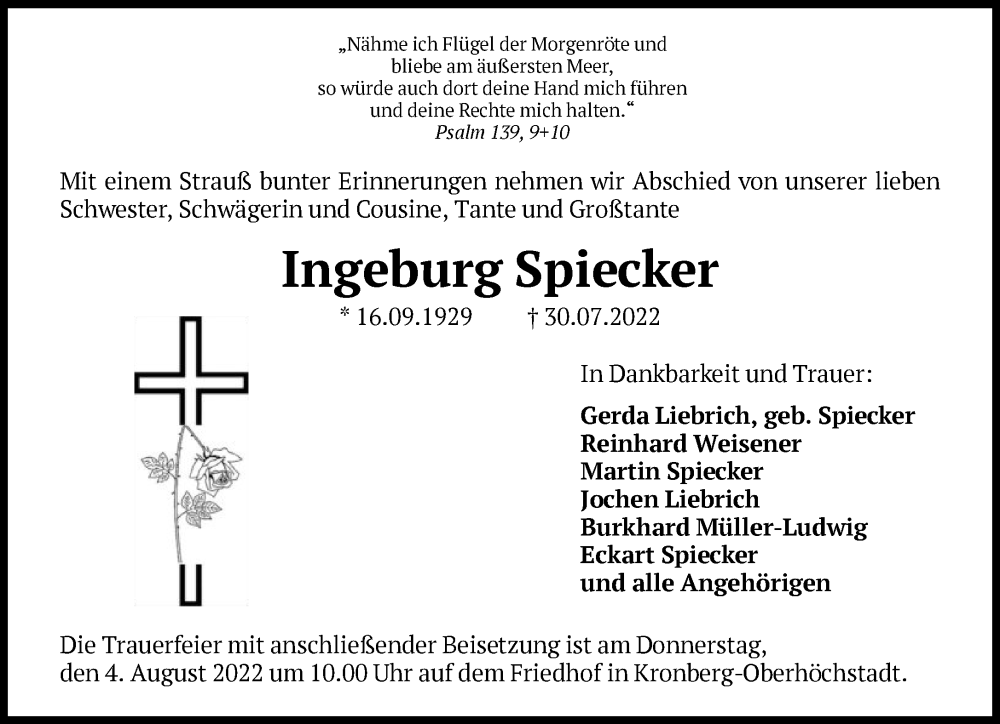  Traueranzeige für Ingeburg Spiecker vom 03.08.2022 aus FNP