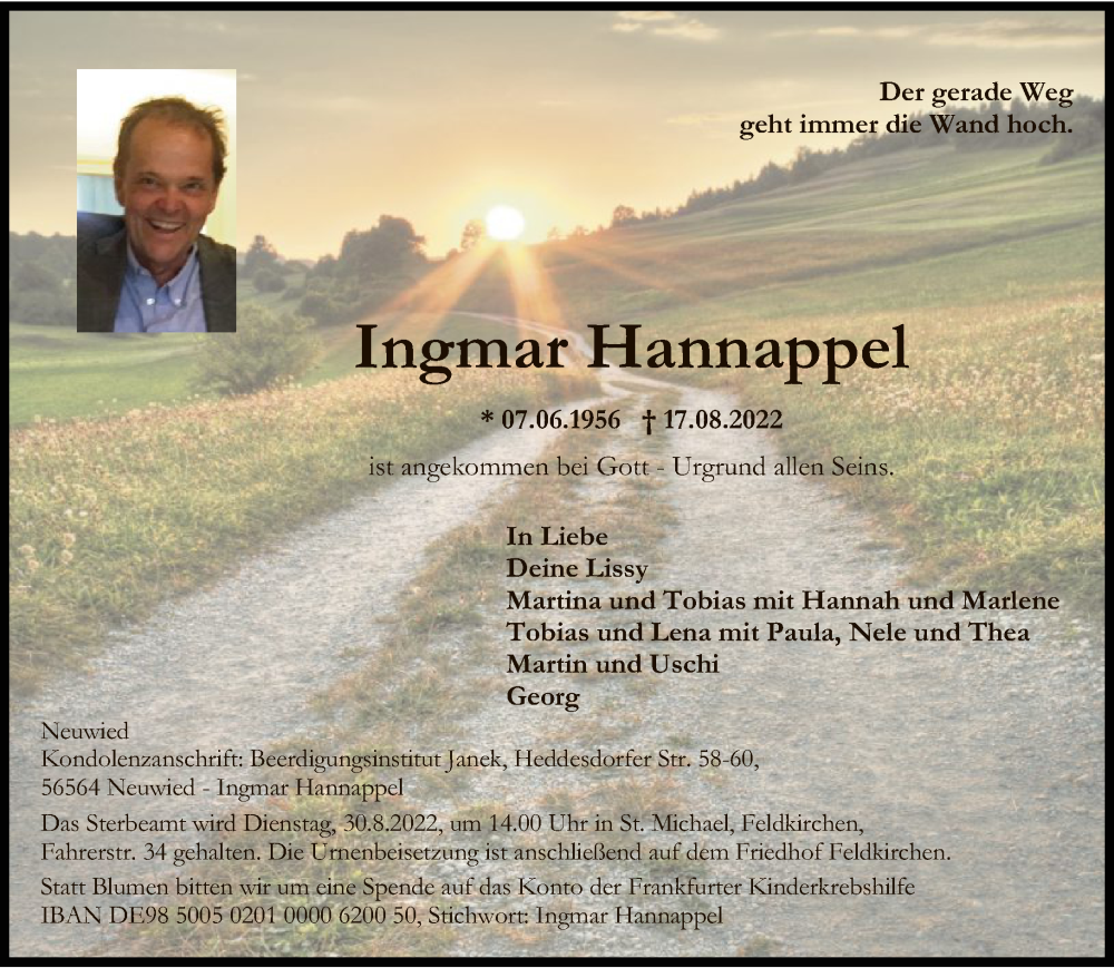  Traueranzeige für Ingmar Hannappel vom 24.08.2022 aus FNP