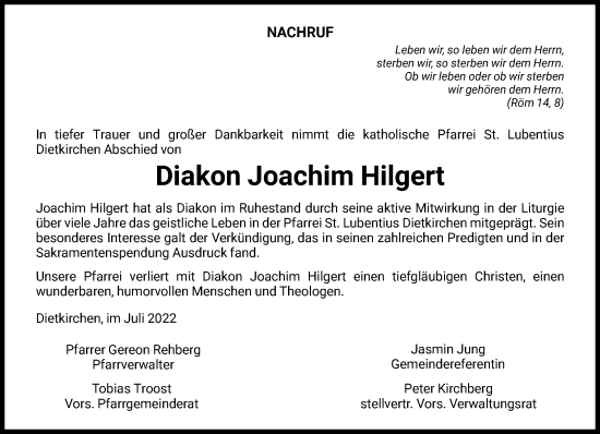 Traueranzeige von Joachim Hilgert von FNP