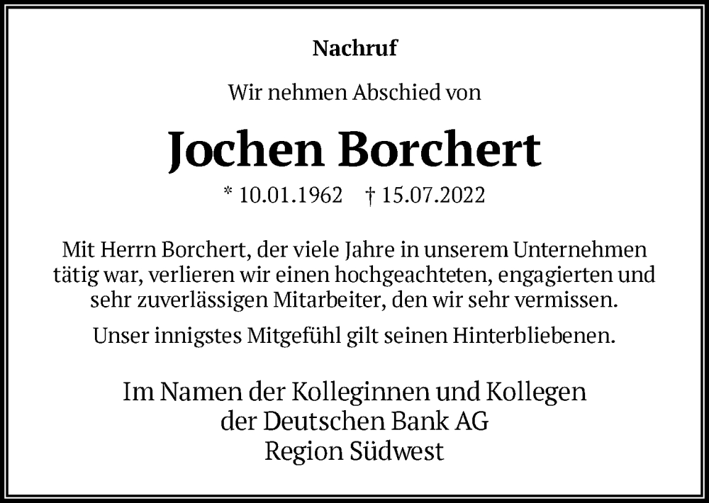  Traueranzeige für Jochen Borchert vom 06.08.2022 aus FNP