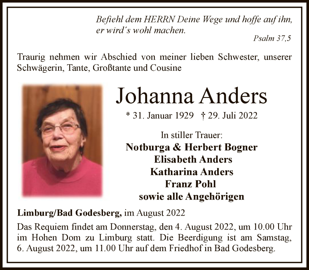  Traueranzeige für Johanna Anders vom 03.08.2022 aus FNP