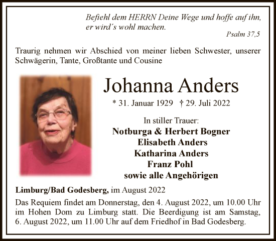 Traueranzeige von Johanna Anders von FNP