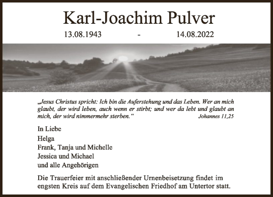 Traueranzeige von Karl-Joachim Pulver von FNP