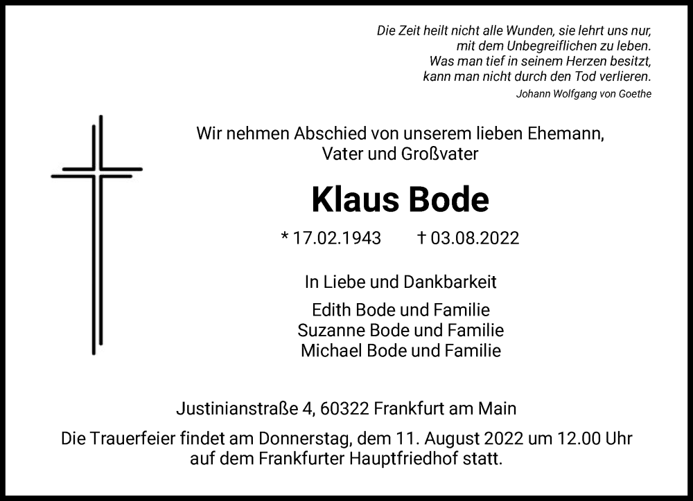  Traueranzeige für Klaus Bode vom 06.08.2022 aus FNP