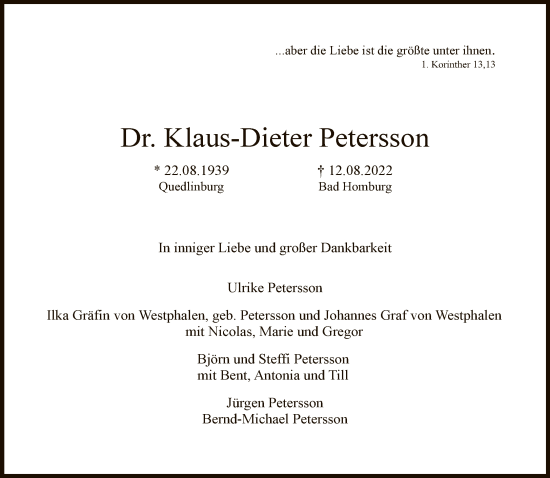 Traueranzeige von Klaus-Dieter Petersson von FNP