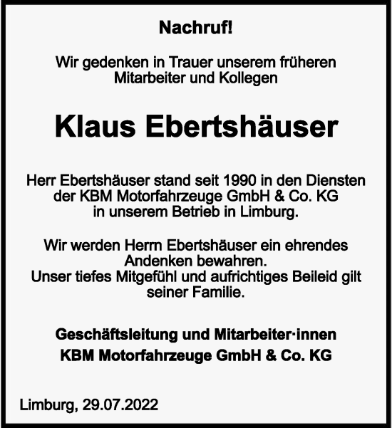 Traueranzeige von Klaus Ebertshäuser von FNP