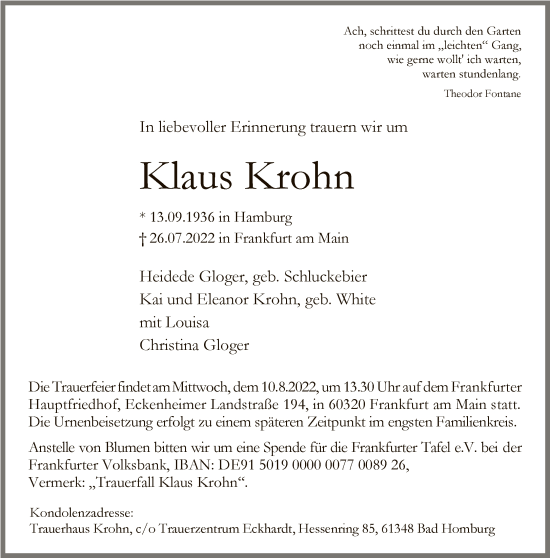 Traueranzeige von Klaus Krohn von FNP