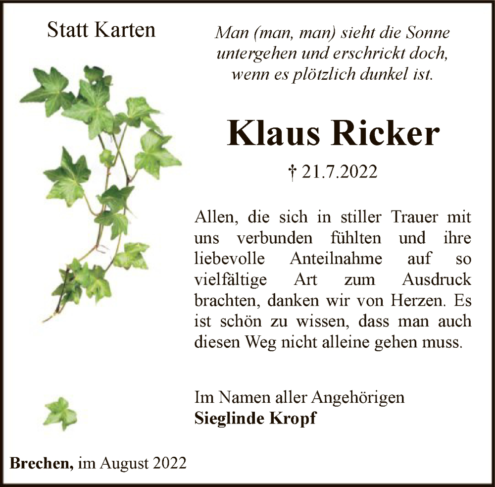 Traueranzeige für Klaus Ricker vom 27.08.2022 aus FNP