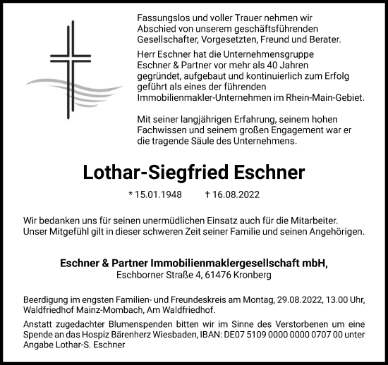 Traueranzeige von Lothar-Siegfried Eschner von FNP