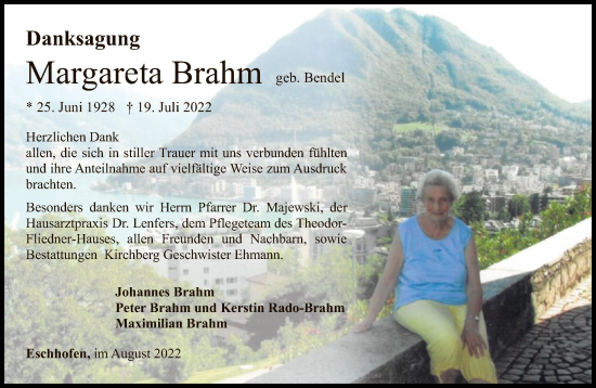 Traueranzeige von Margareta Brahm von FNP