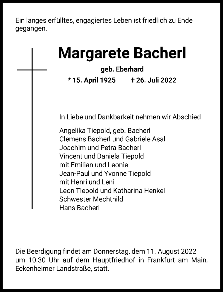  Traueranzeige für Margarete Bacherl vom 06.08.2022 aus FNP