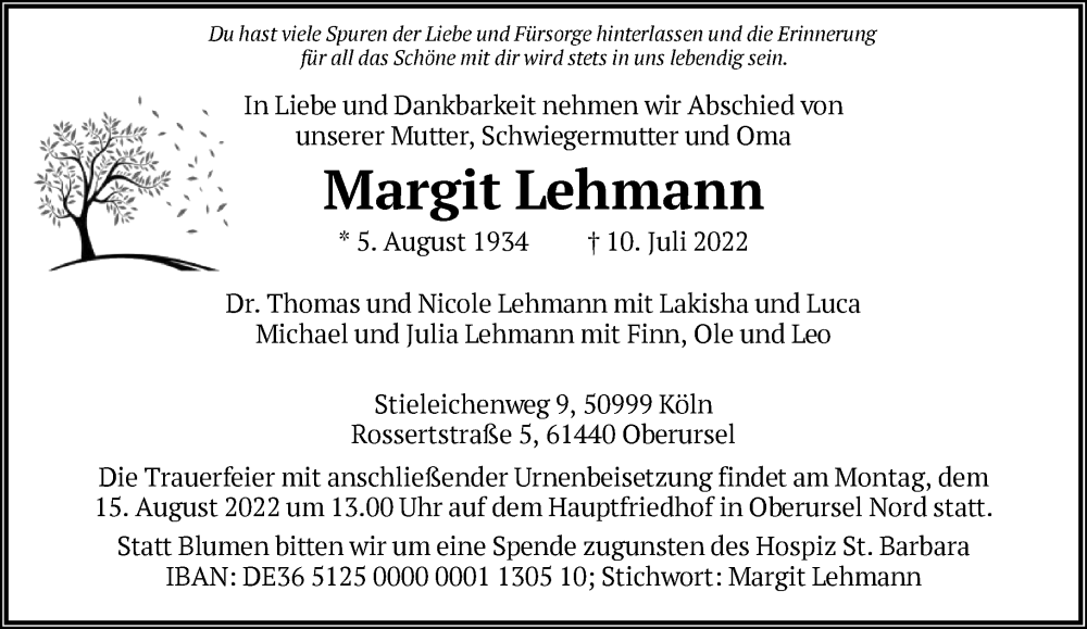  Traueranzeige für Margit Lehmann vom 06.08.2022 aus FNP