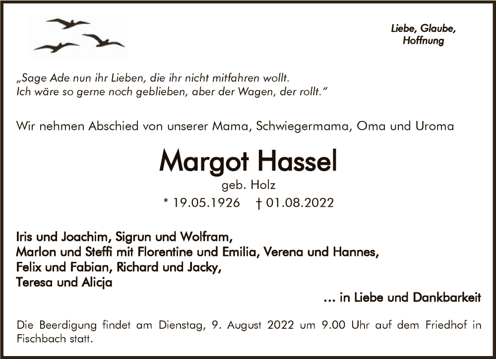  Traueranzeige für Margot Hassel vom 06.08.2022 aus FNP