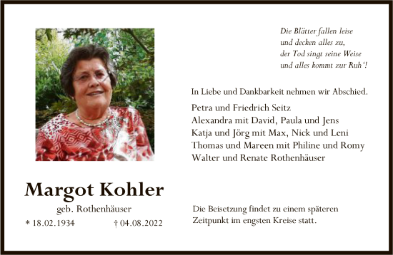 Traueranzeige von Margot Kohler von FNP