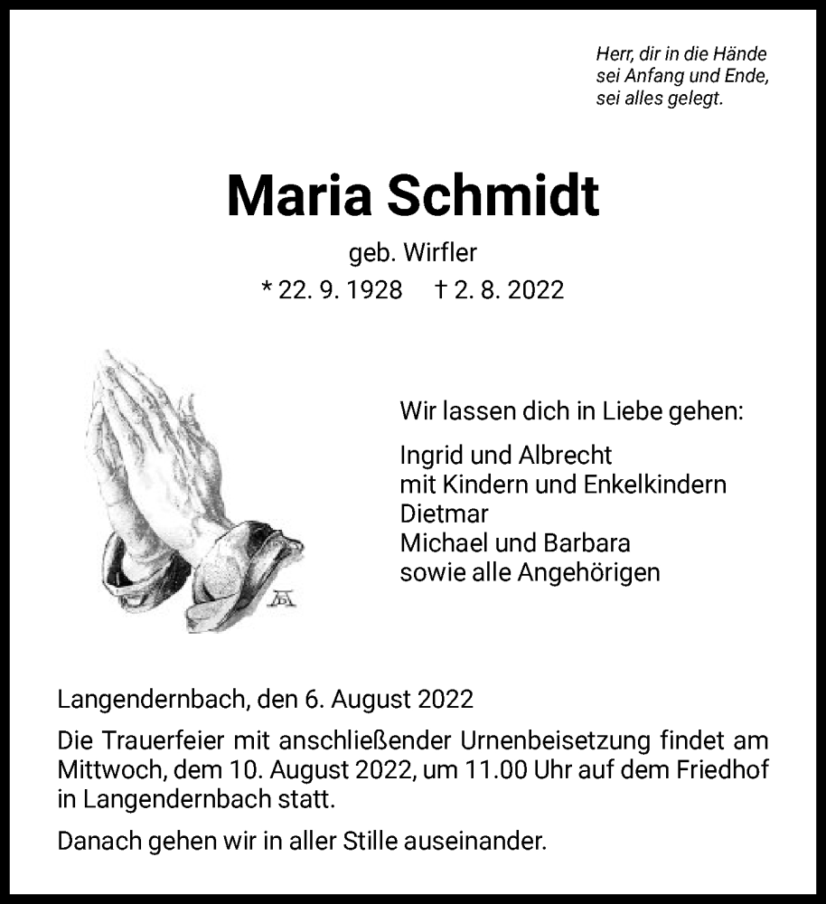  Traueranzeige für Maria Schmidt vom 06.08.2022 aus FNP