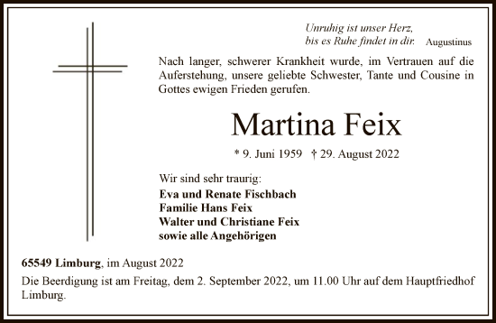 Traueranzeige von Martina Feix von FNP