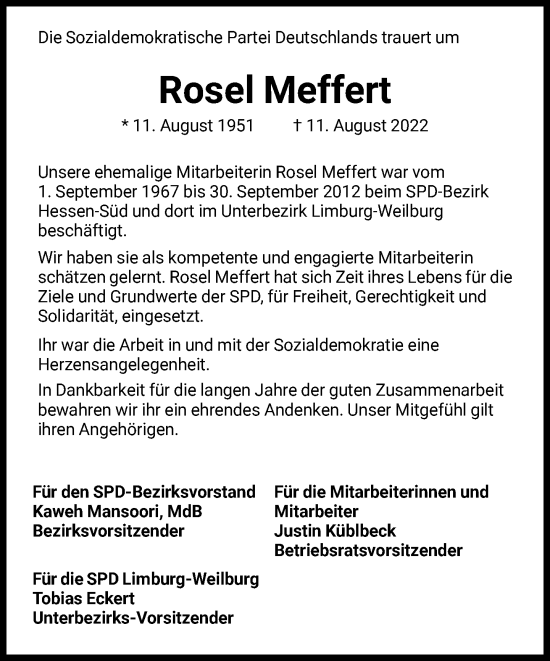 Traueranzeige von Rosel Meffert von FNP