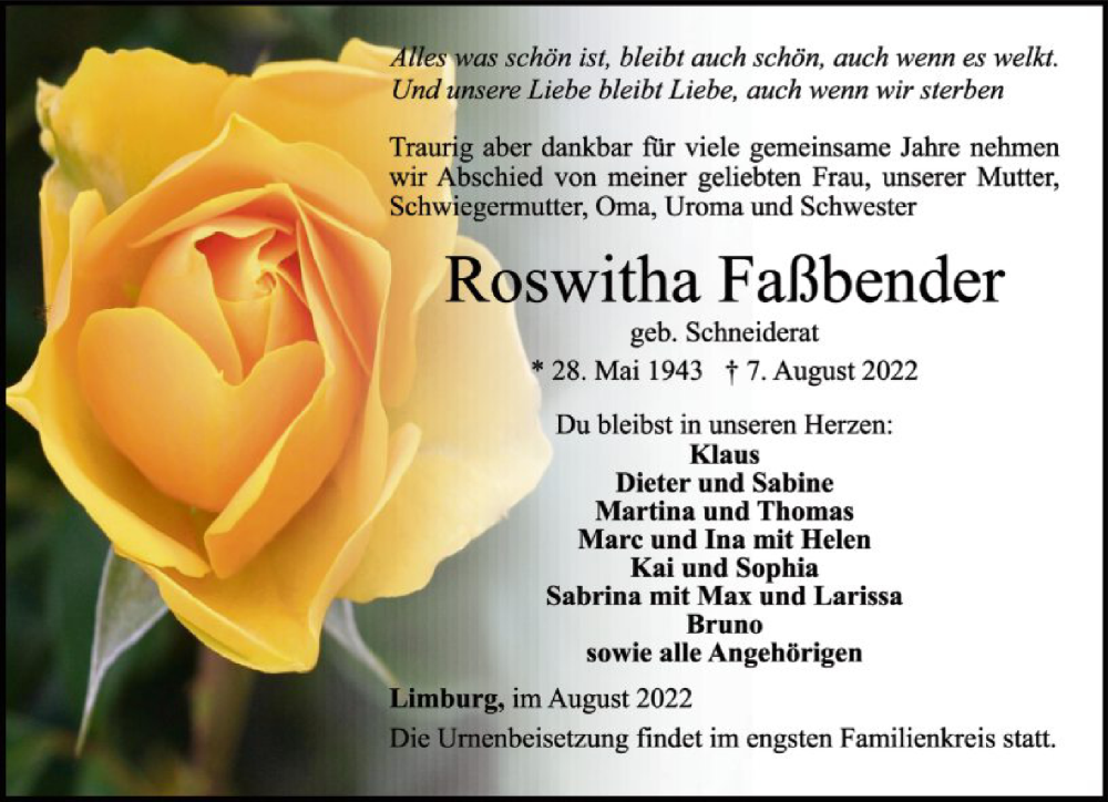  Traueranzeige für Roswitha Faßbender vom 13.08.2022 aus FNP