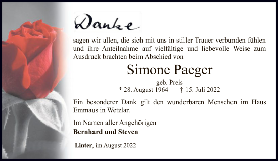 Traueranzeige von Simone Paeger von FNP