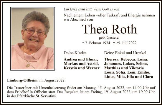 Traueranzeige von Thea Roth von FNP