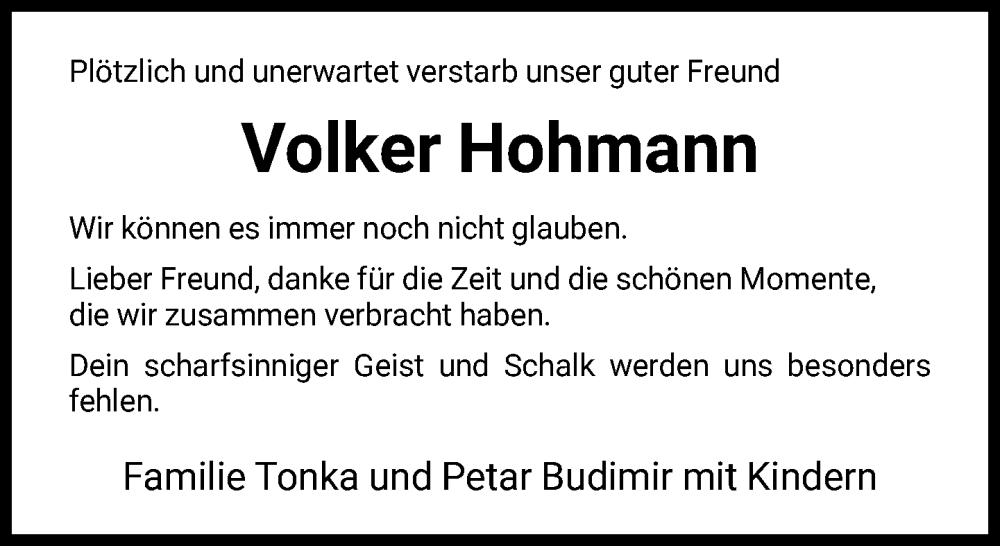  Traueranzeige für Volker Hohmann vom 05.08.2022 aus FNP