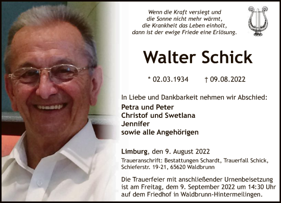 Traueranzeige von Walter Schick von FNP