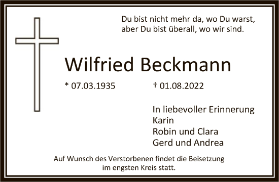 Traueranzeige von Wilfried Beckmann von FNP