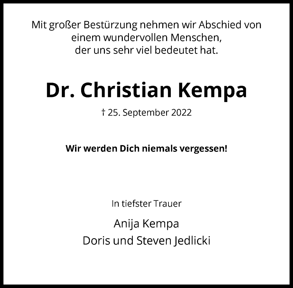  Traueranzeige für Christian Kempa vom 01.10.2022 aus FNP